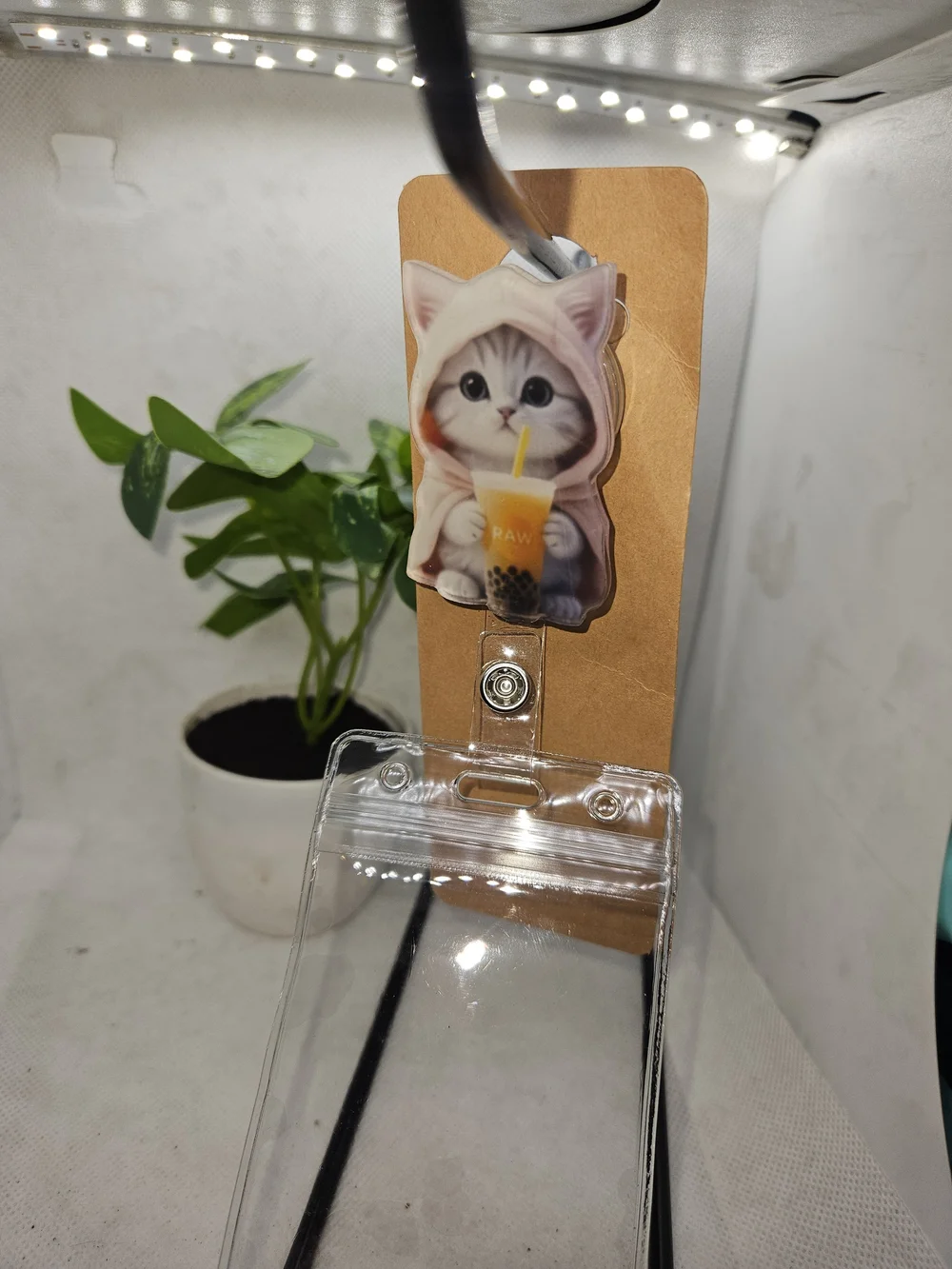Kawaii Gray Cat Bubble Tea Badge Reel Card Holder